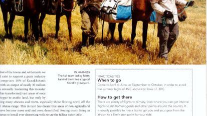Action Asia tearsheet with a large photo of two horse riders towing three horses past a Kazakh necropolis.
