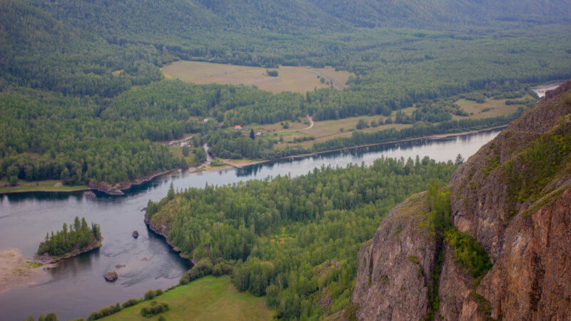 A high and wide view looking down at the Yenisei River.