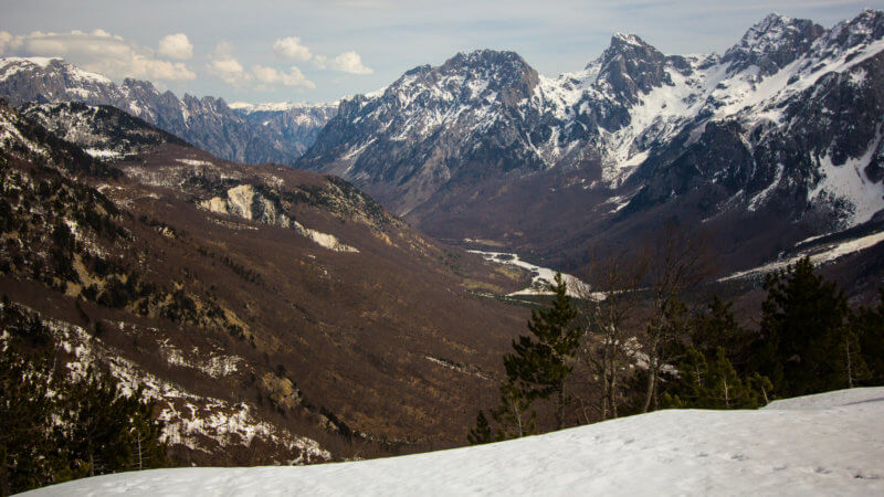 Picture from top of mountain pass looking down into Albanian valley.
