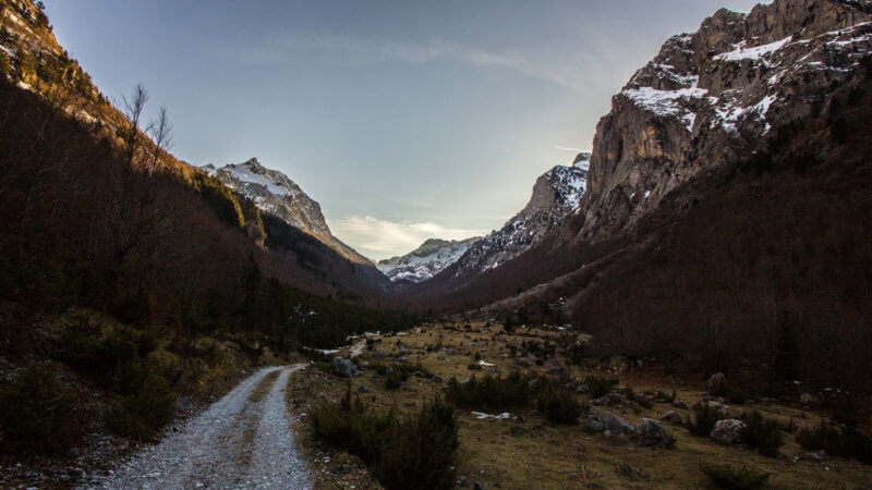 A snowless mountain valley in Montenegro, leading towards Albania.