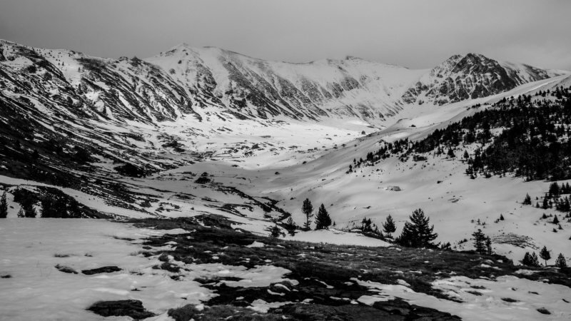Winter landscape photo in black and white near Kosovo-Montenegro border.