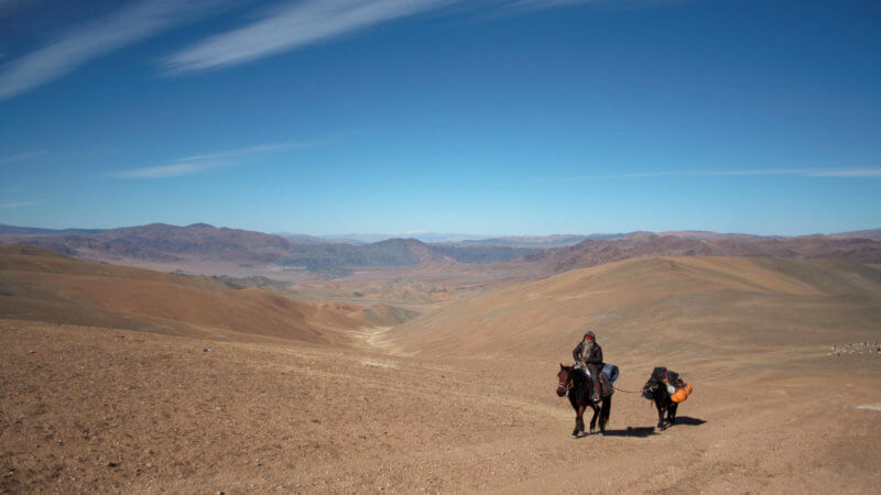 A wide shot of a Kazakh man riding over a tall and snowless mountain in winter.
