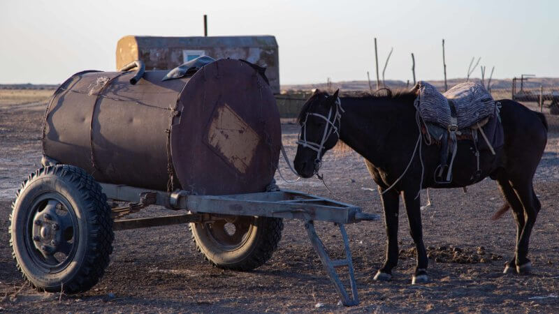 A horse and water storage drum on a trailer in the Saryesik Atyrau Desert in Kazakhstan.