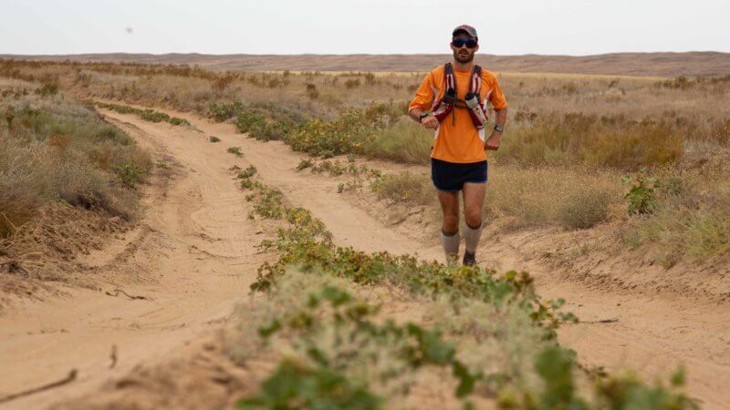 Jamie Maddison on a run across one of the Saryesik Atyrau desert's only dirt road track.