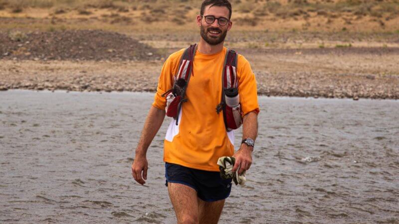Jamie Maddison after going for a dip in the Saryesik-Atyrau's Karatal River after completing his ultra-run across the desert.