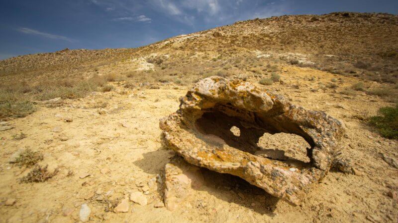 A boulder completely hollowed out by wind erosion sits in a desert.